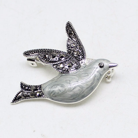 Grey Jeweled Dove Bird Enamel Brooch - Picture 2 of 3