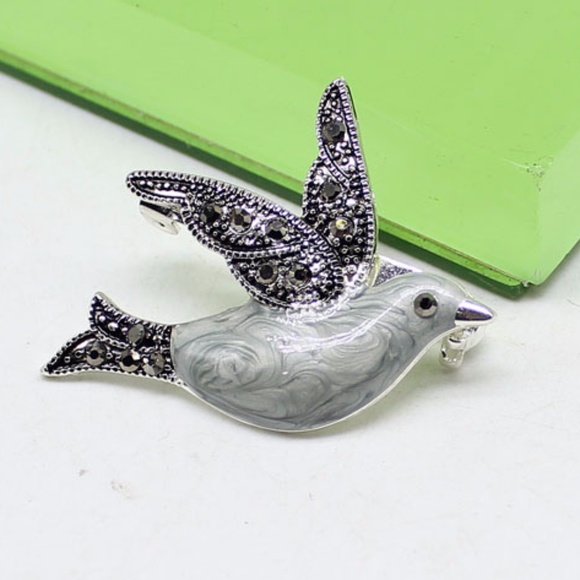 Jewelry - Grey Jeweled Dove Bird Enamel Brooch