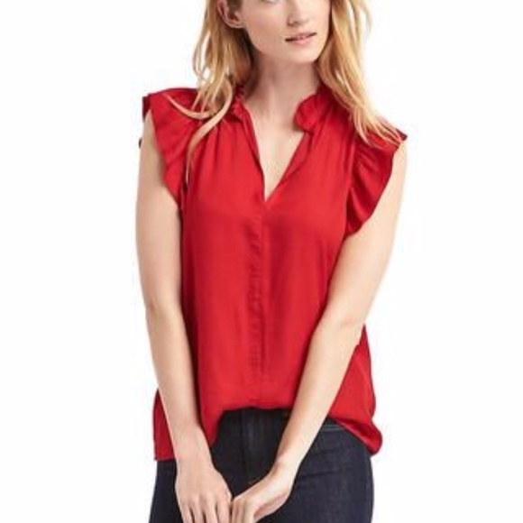 GAP Tops - GAP Red ruffle sleeve/neck blouse. XS