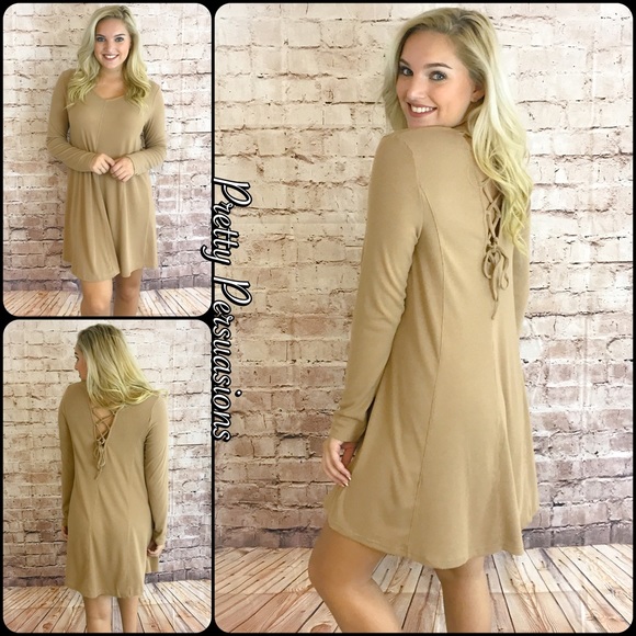 NWT Taupe Lace Up Back Long Sleeve Dress - Picture 2 of 4
