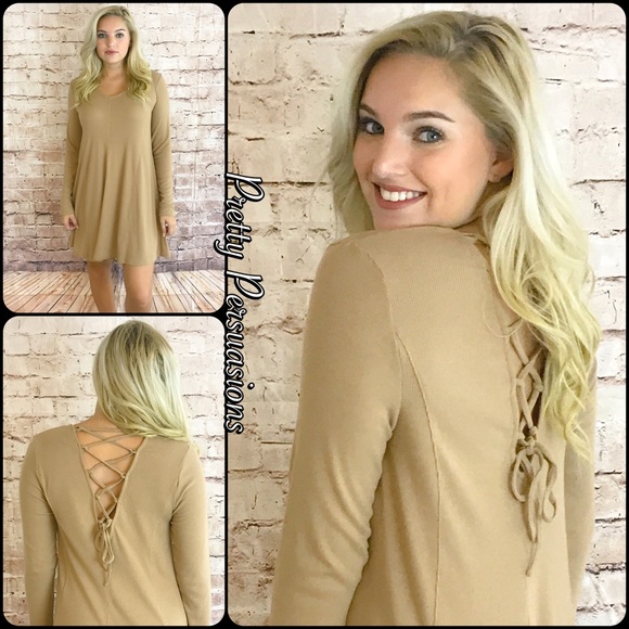 NWT Taupe Lace Up Back Long Sleeve Dress - Picture 4 of 4
