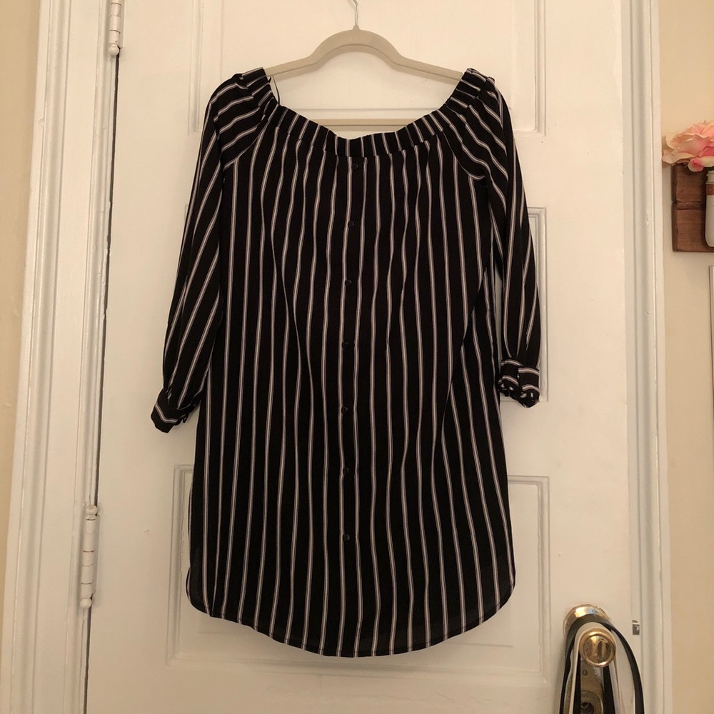 Black Striped Off-the-Shoulder Dress - Picture 1 of 3