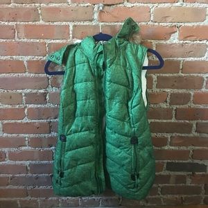 Green puffer vest with faux fur lined hood