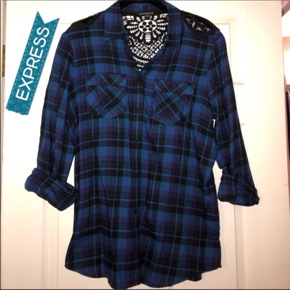 Express plaid flannel button down sz S, lace back