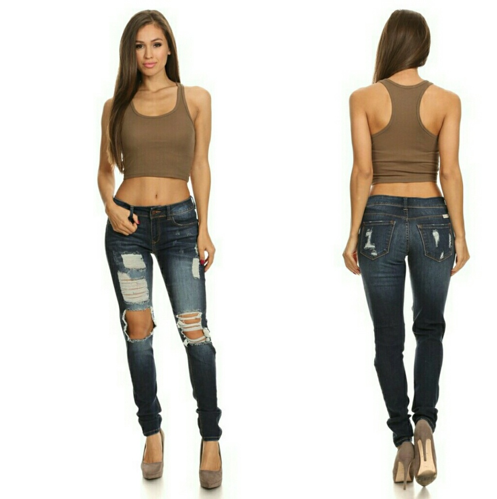 Sexy Heavy distressed Dark blue jeans