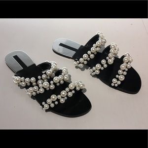 Zara Black Velvet Pearl Strappy Flat Sandals