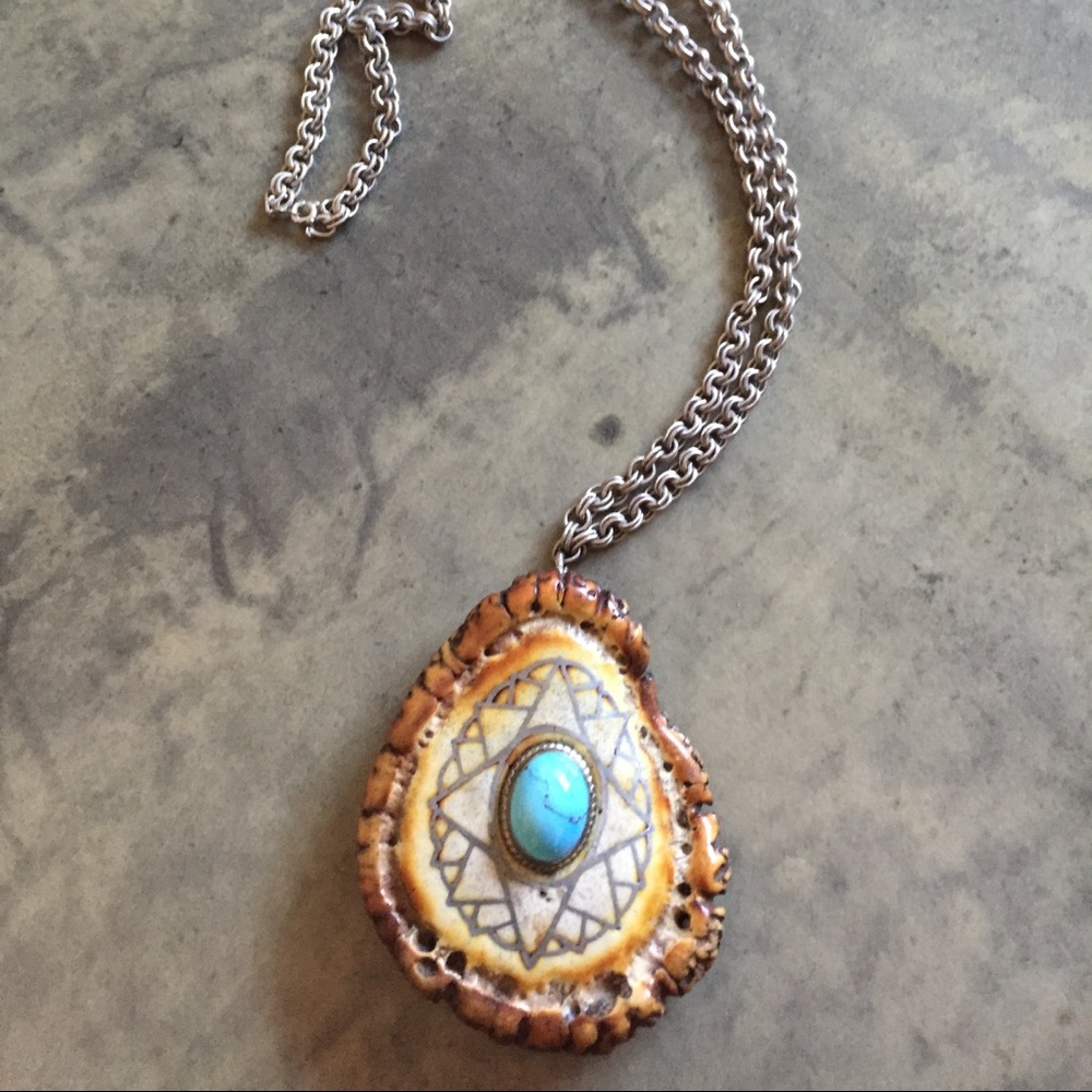 Turquoise and wood statement piece necklace