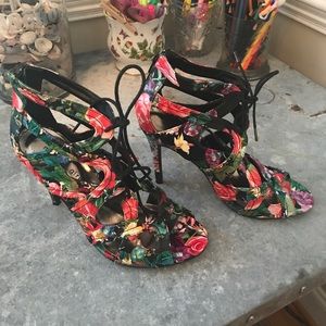 Black floral lace up booties