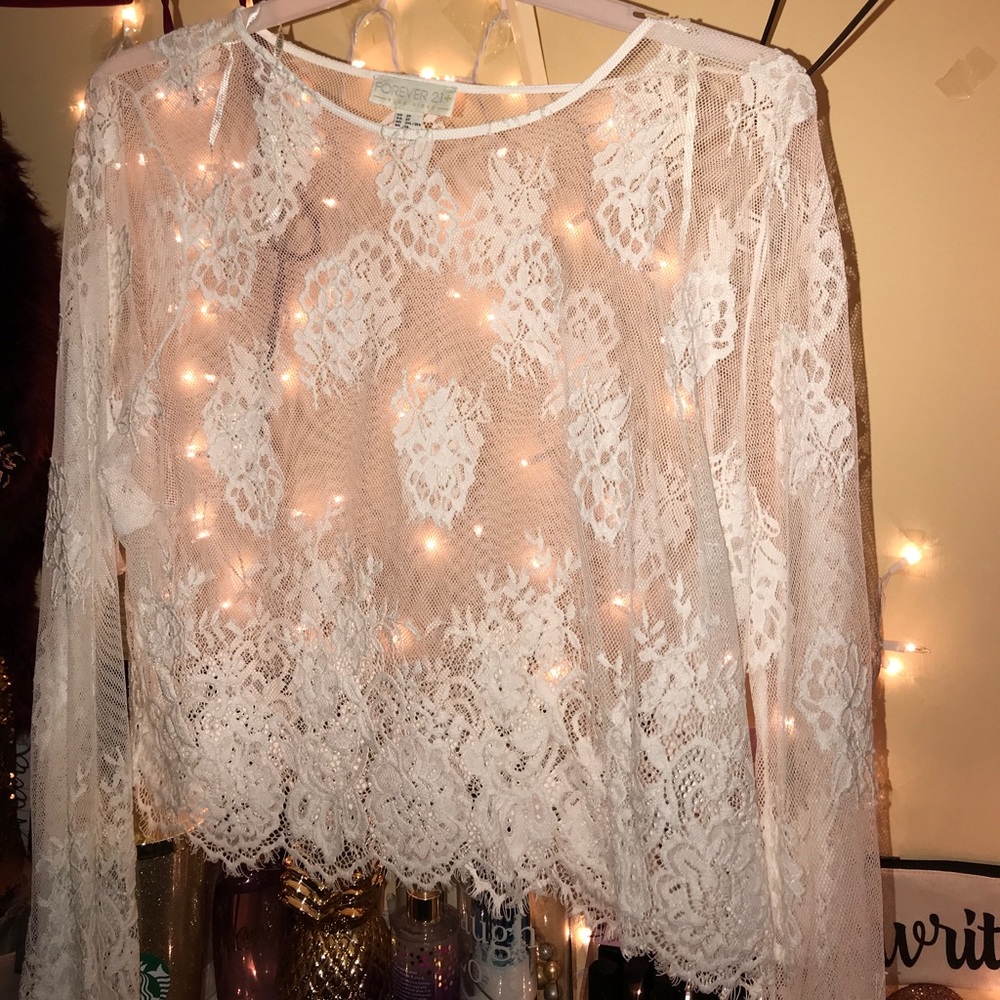 Plus Size White Eyelash Lace Crop Top
