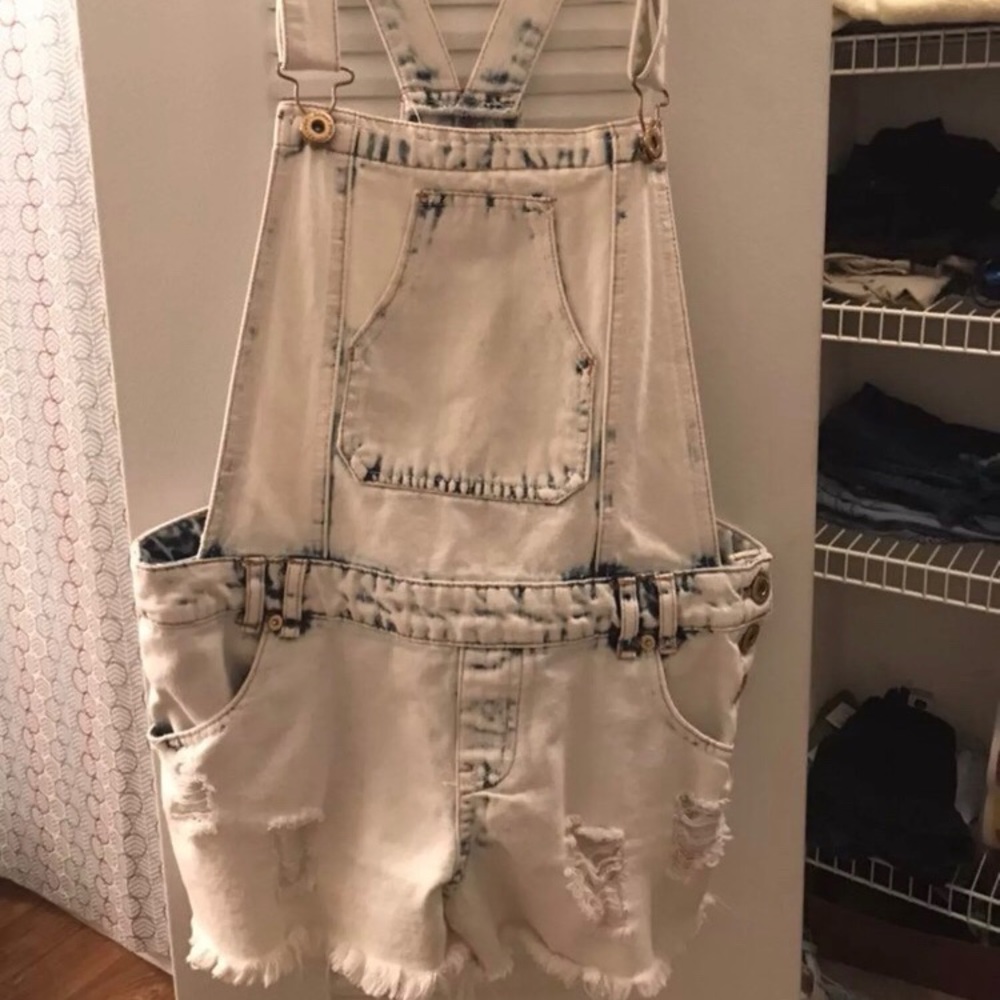 White & Blue ripped overall shorts