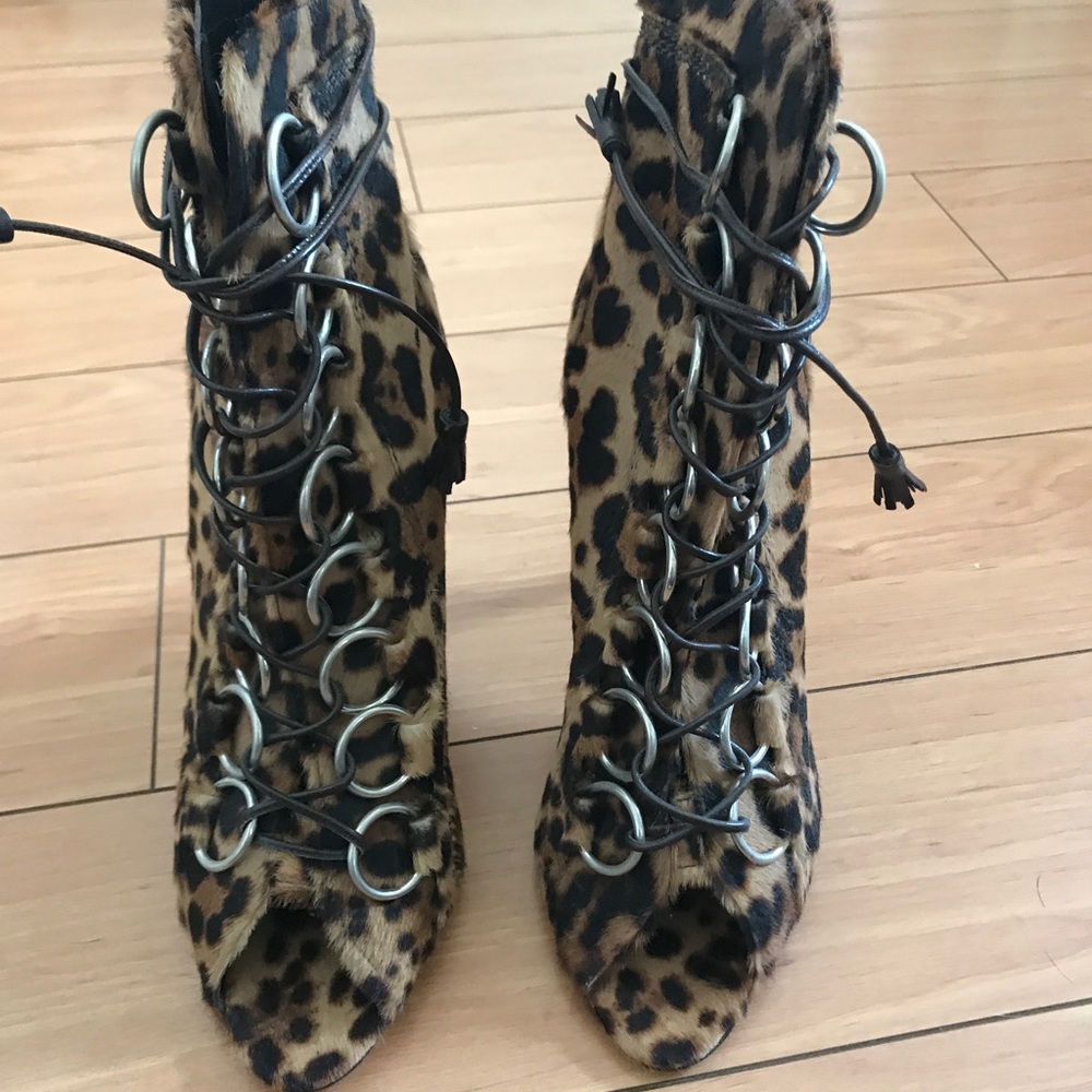 Brian Atwood leopard peep toe heeled bootie 40