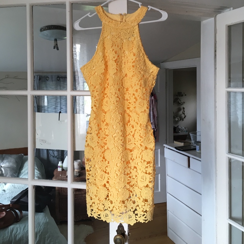 Love poem yellow lace dress from Lulus's