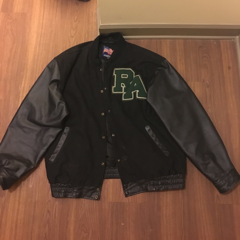 Black varsity leather letterman jacket