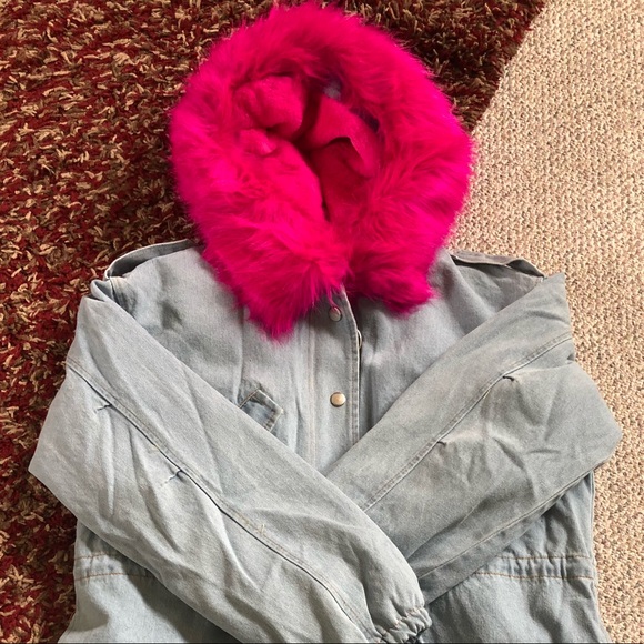 Denim Hooded Jacket with Fur- HOT PINK - Picture 5 of 8