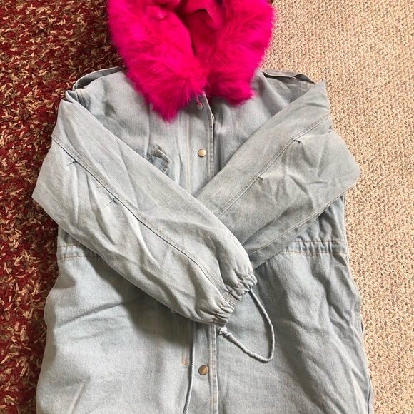 Denim Hooded Jacket with Fur- HOT PINK - Picture 6 of 8
