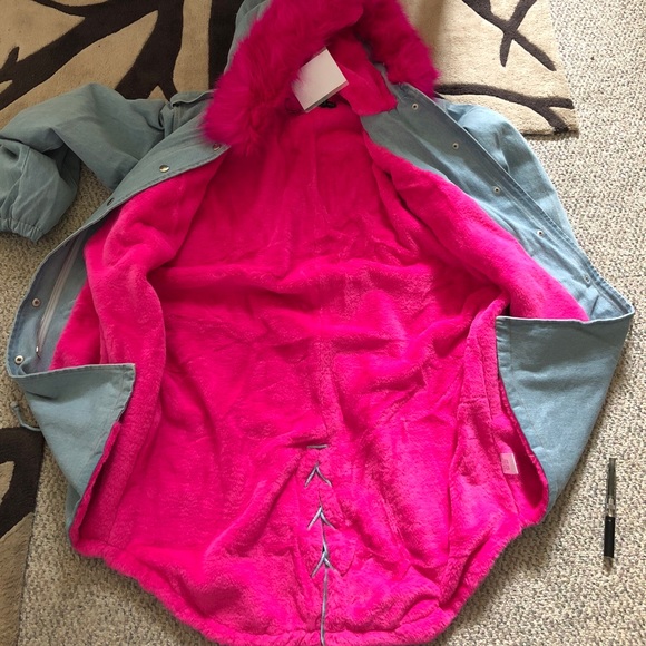 Denim Hooded Jacket with Fur- HOT PINK - Picture 7 of 8