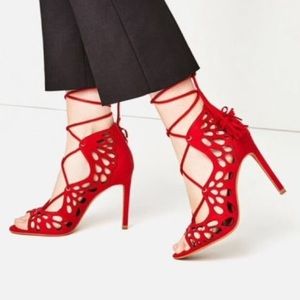 Zara Red Openwork High Heel Lace Up Sandals