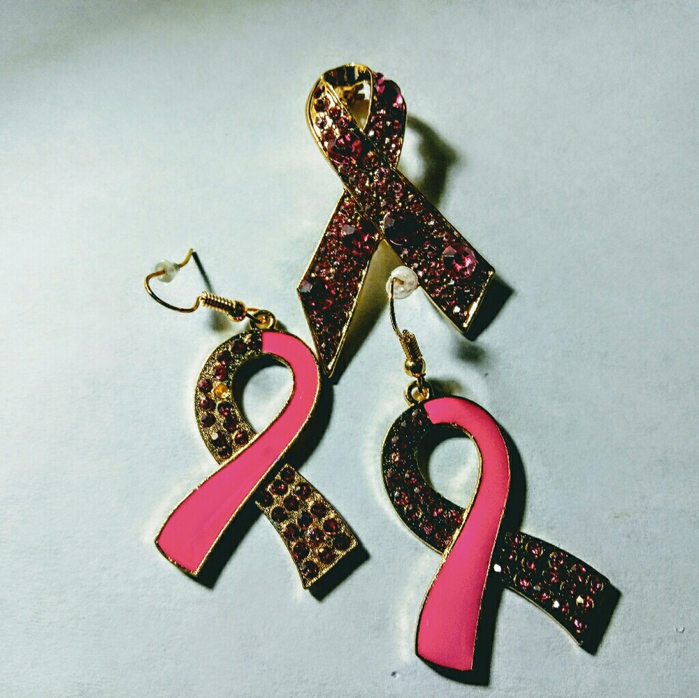 Breast Cancer Awerness Lapel Pin & Earrings Set.