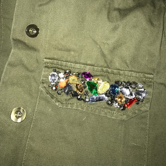 Women's olive green jeweled button down - Picture 2 of 5