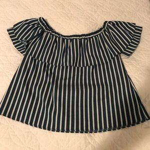 blue and white stripped off the shoulder top