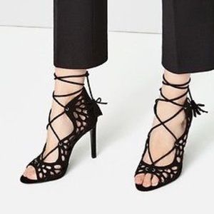 Zara Black Openwork High Heel Lace Up Sandals