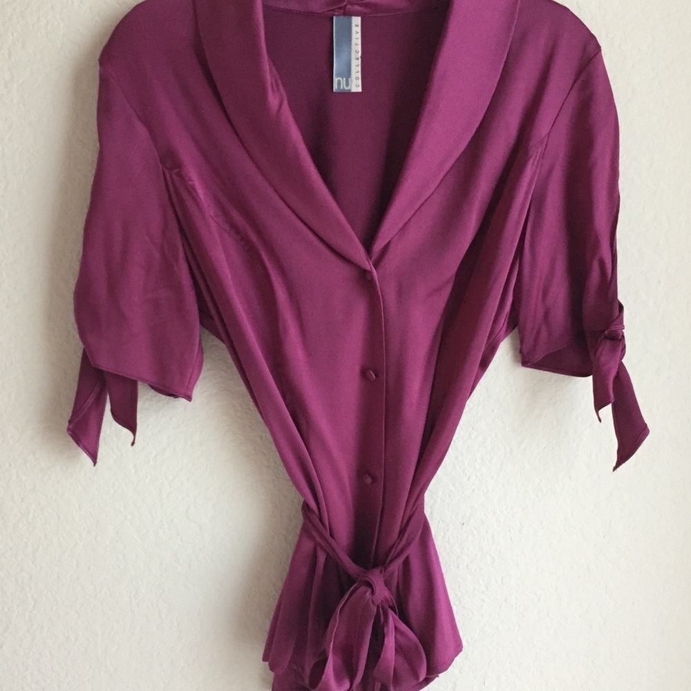 NU Collective Deep Mauve Silk Satin Belted Blouse