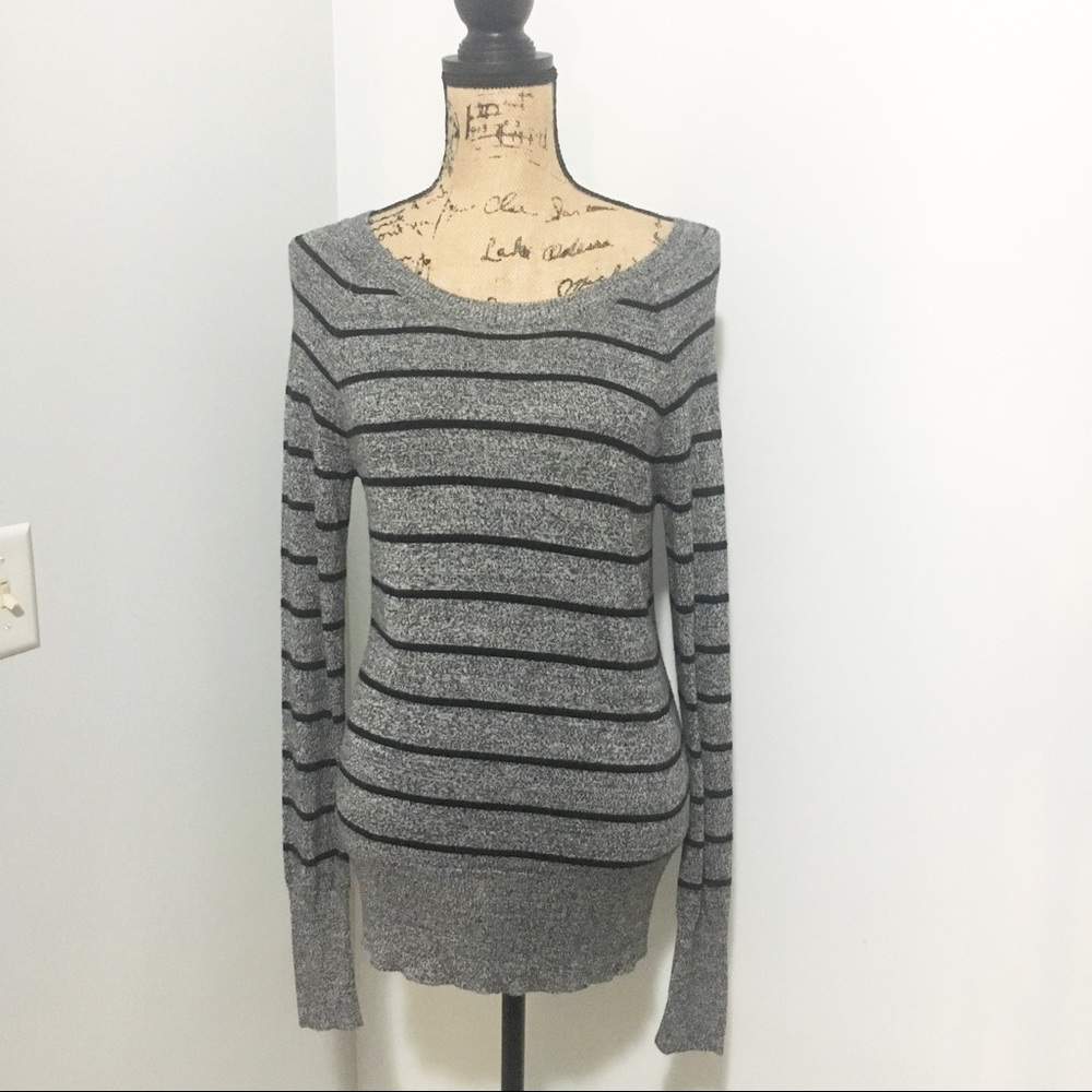 Grey and black striped long sleeve sweater