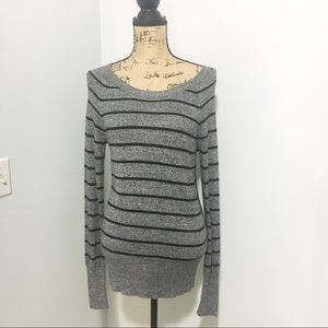 Grey and black striped long sleeve sweater