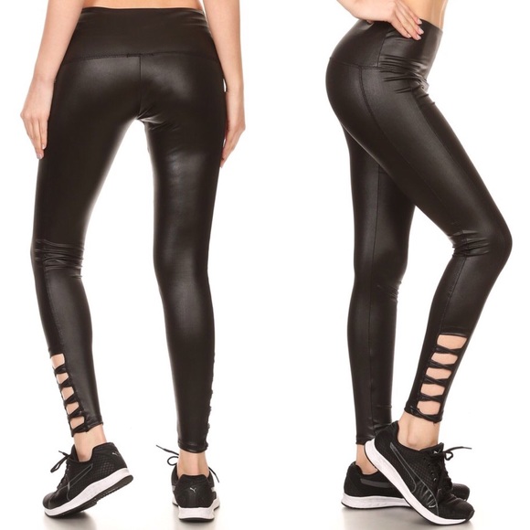 Black Faux Leather Criss Cross Leggings Shiny π€ - Picture 2 of 5
