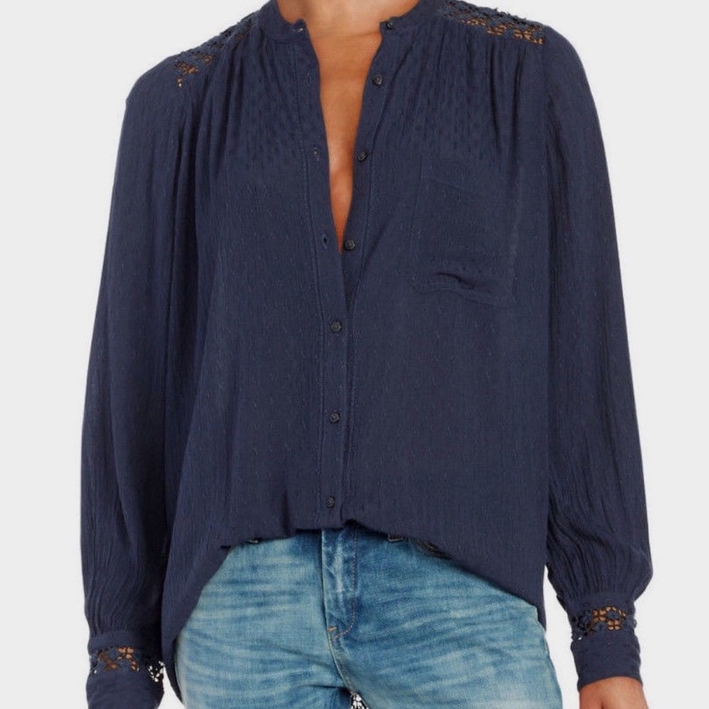 FREE PEOPLE CROCHET BACK GAUZE BUTTON DOWN TOP