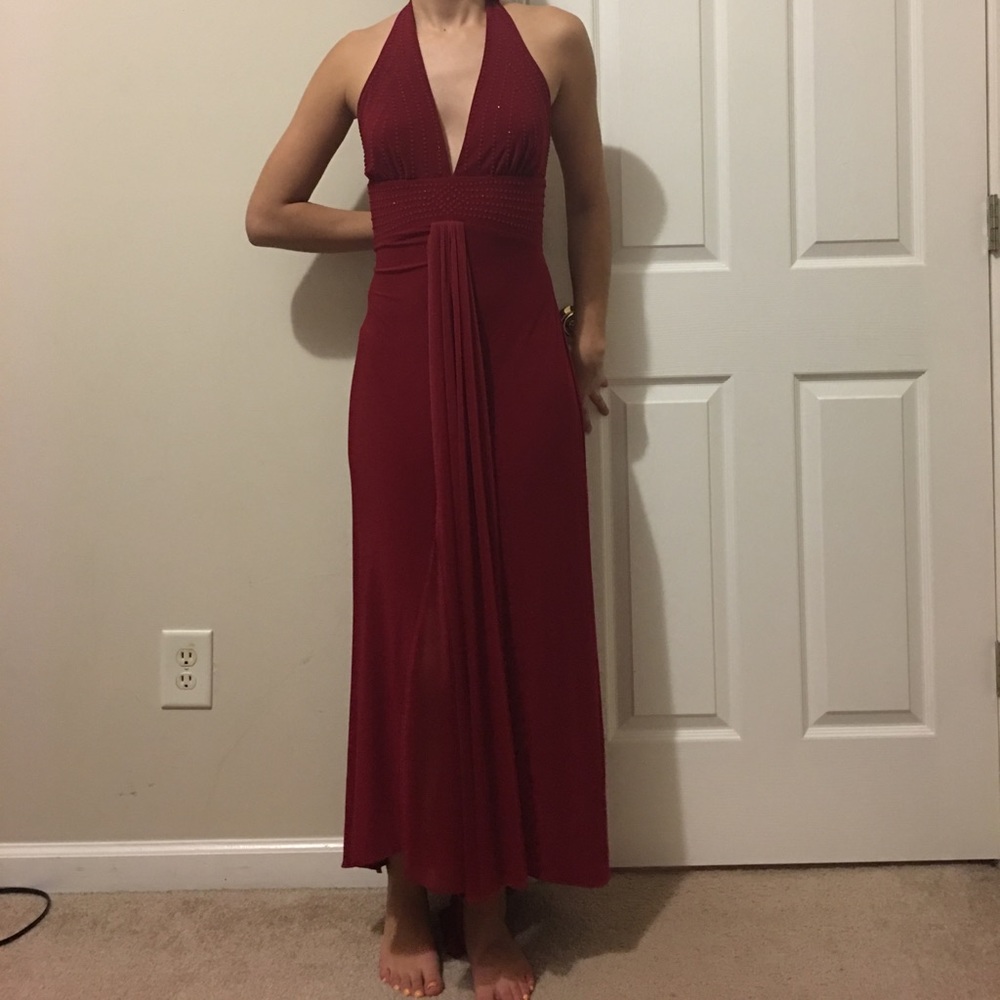 Red long dress.