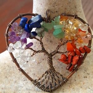 7 Chakra Tree of Life Wire Wrap Heart Pendant