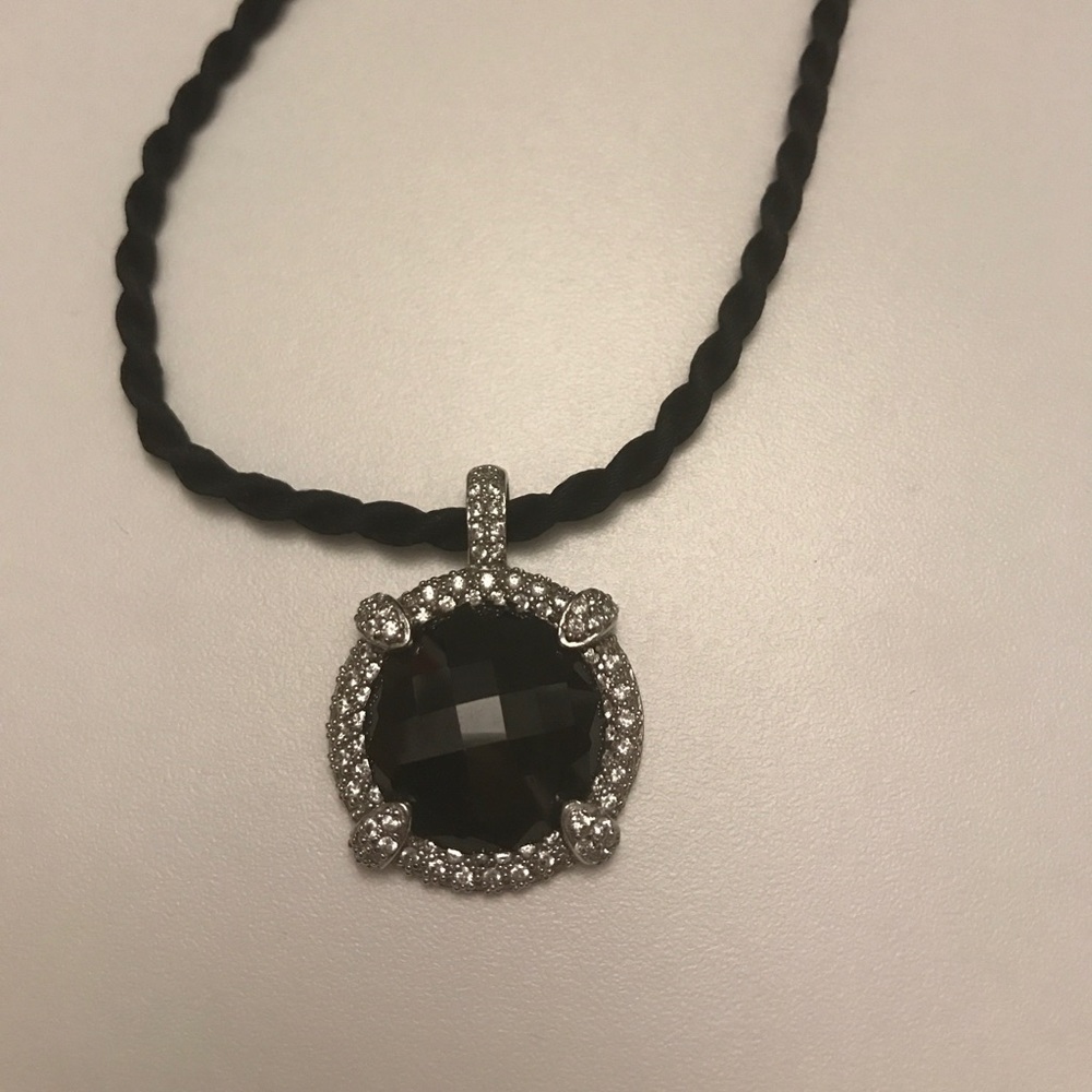 Silver String Necklace Rhinestones Black Stone
