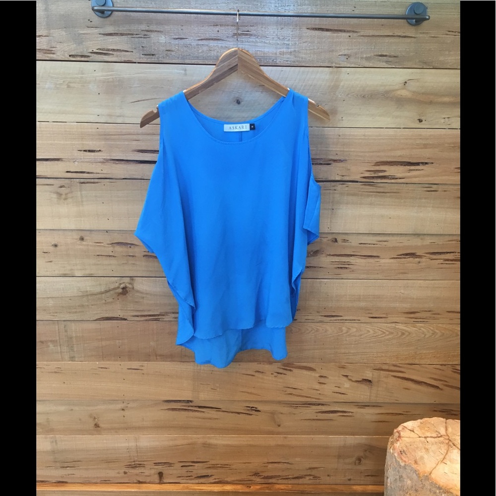 New Listing! Beautiful Blue Silk Cold Shoulder Top