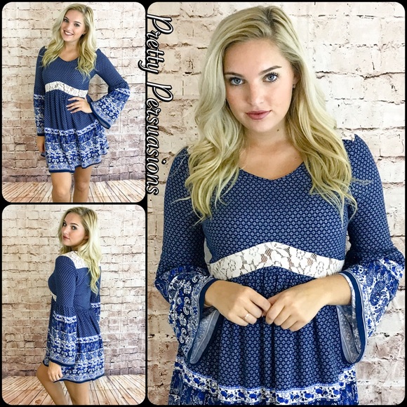 SALE‼️ Blue Printed Bell Sleeve & Lace Boho Dress - Picture 4 of 4