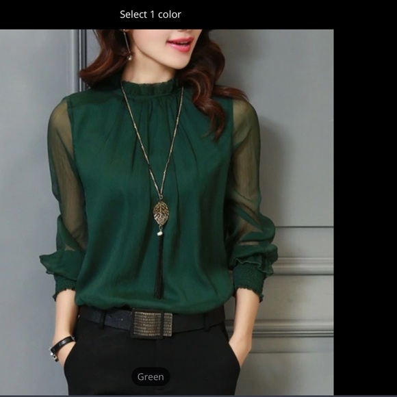 Gorgeous deep green Chiffon blouse sheer sleeves - Picture 2 of 7