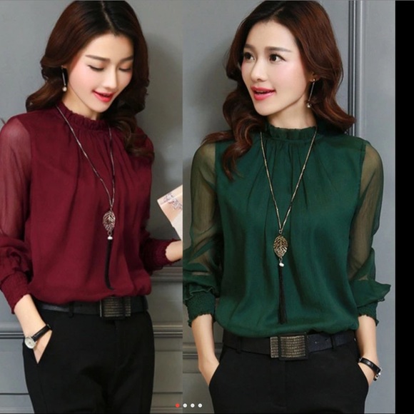 Gorgeous deep green Chiffon blouse sheer sleeves - Picture 3 of 7