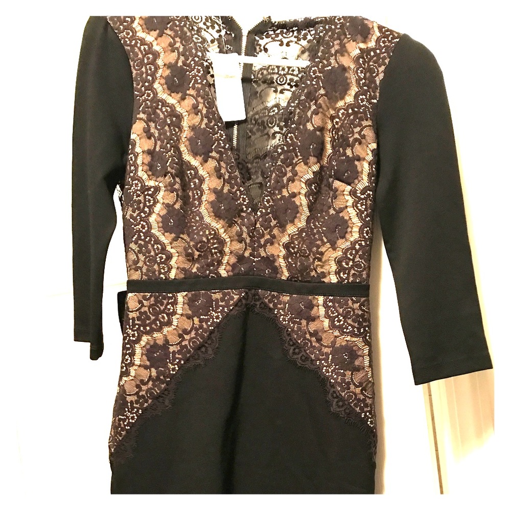 Bebe XS mini black and gold lace dress. New