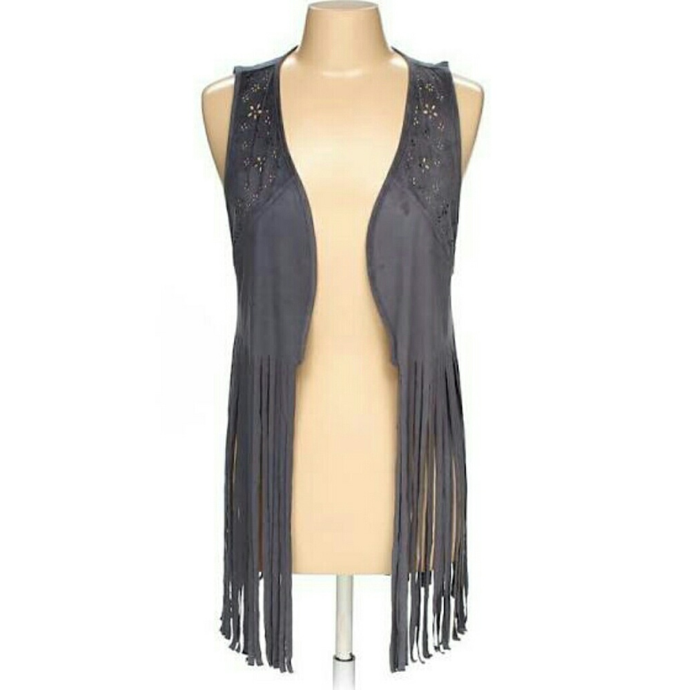 Maurices gray fringe cutout vest