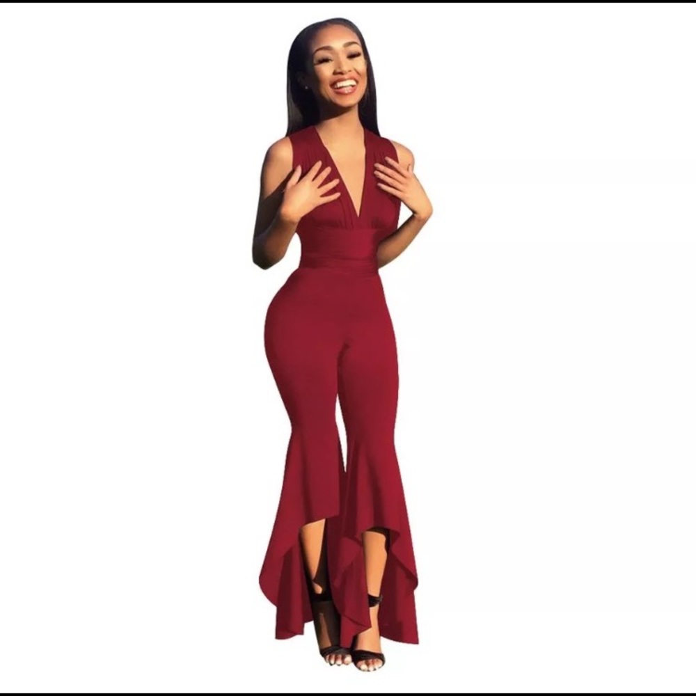 Red Wine Plunging Neck Sleeveless Romper