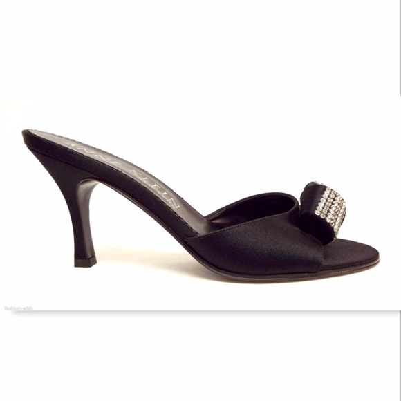 New ANNE KLEIN Crystal Embellished Knot Black Slide Heels Sandals from Italy 6.5 - Picture 4 of 7