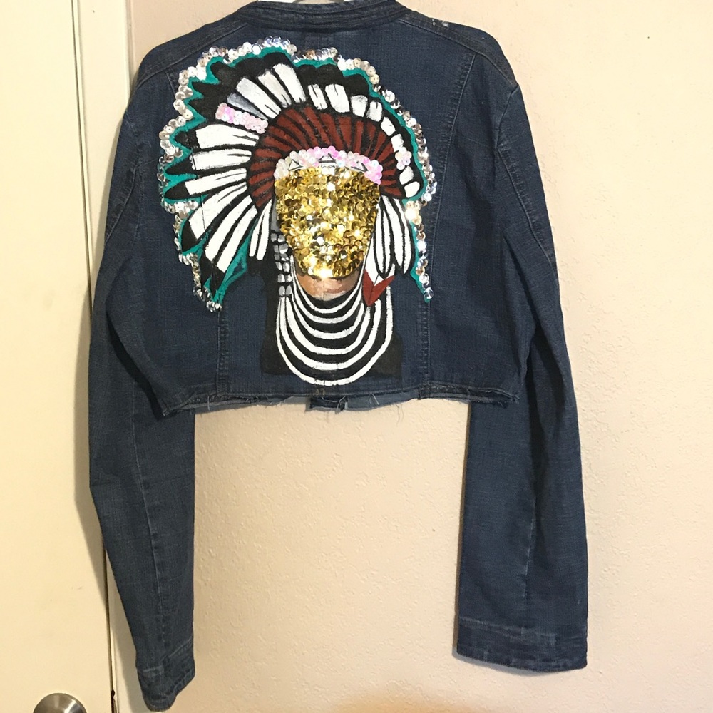 Customized Native American embellished jean jacket