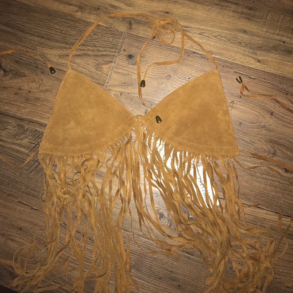 Forever 21 Fringe Woven Camel Halter top Lg