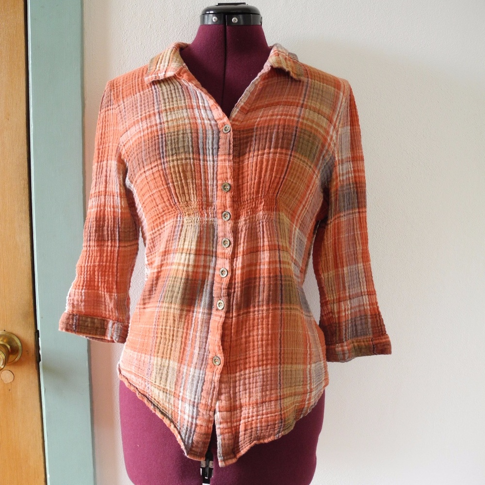 Plaid Cotton Gauze Shirt Stretch Adjustable Sleeve