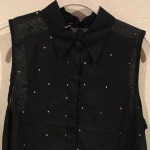 Sheer black sleeveless blouse with rhinestones