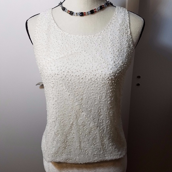 JKara White Beaded Sleeveless Petite Zip Up Top - Picture 1 of 7