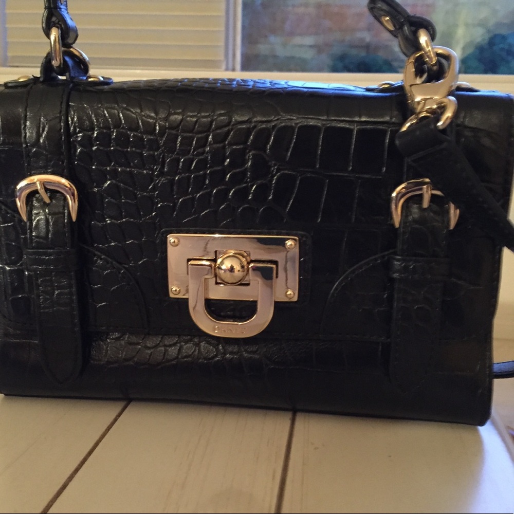 Black Crocodile Embossed Leather Top Handle Bag