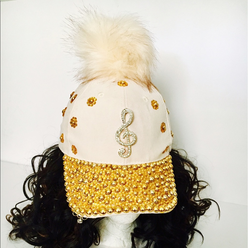 White & Gold Pom Pom Cap