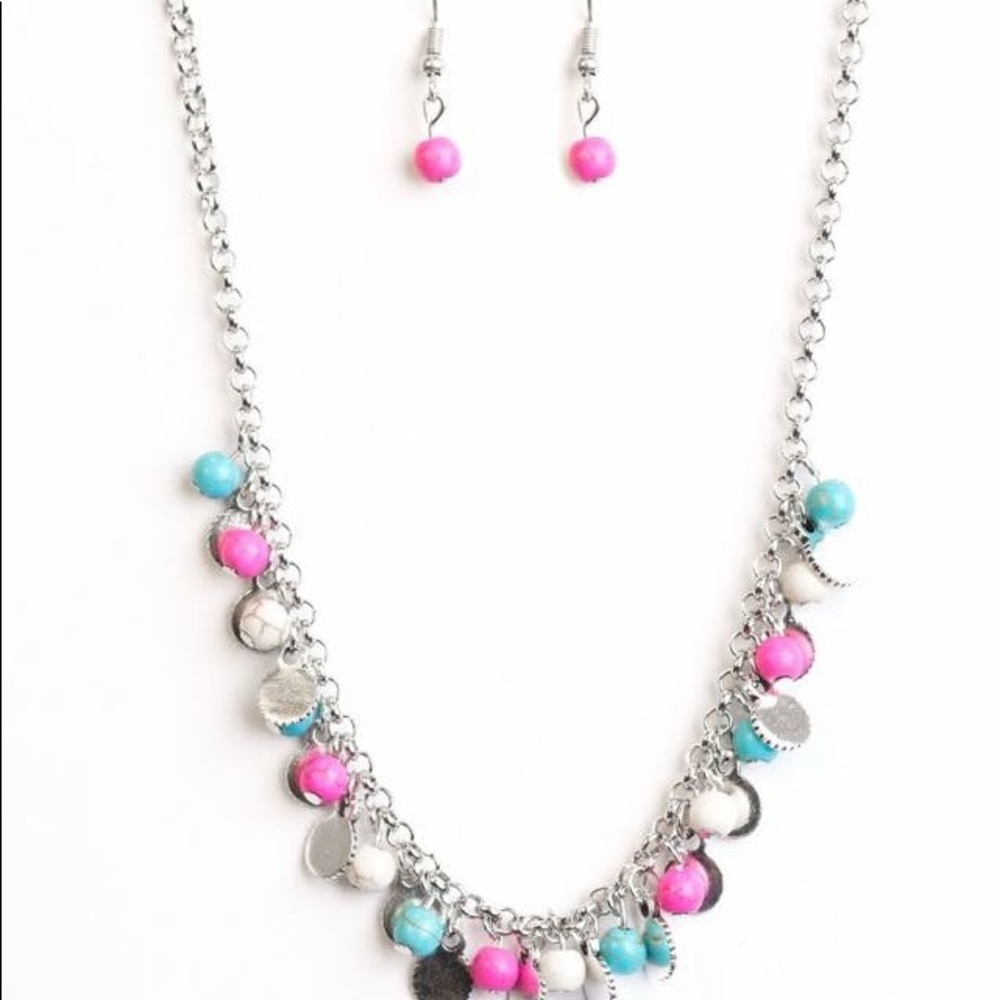 Cute blue, pink & ivory beads on silver chain.