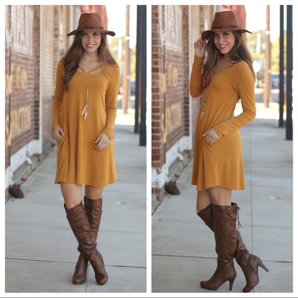 ✨LAST ONE✨Mustard strappy detail long sleeve dress - Picture 2 of 4